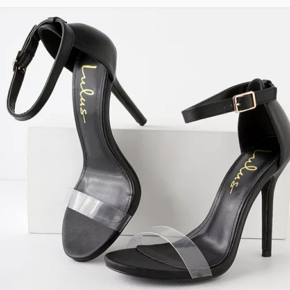 PVC black ankle strap heels